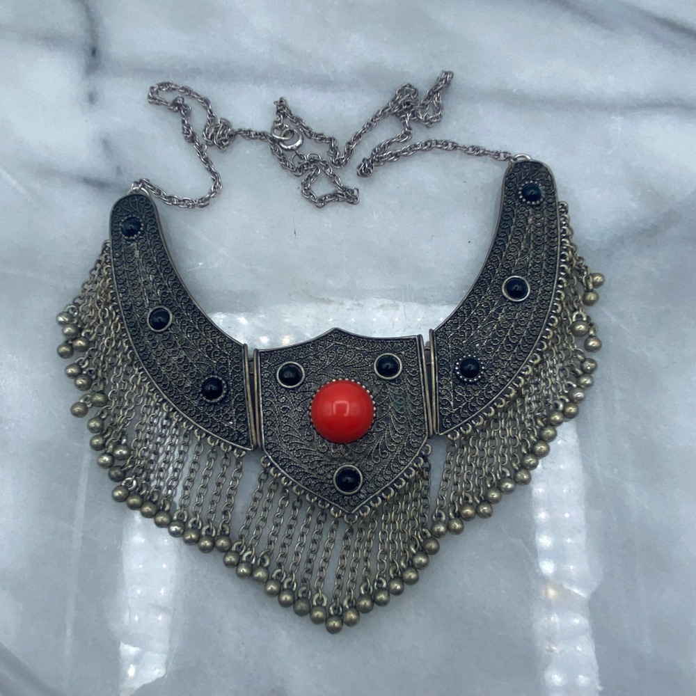 Statement Bib Necklace Silver Red Boho Tribal Filigree Fringe Boho Gypsy Hippie